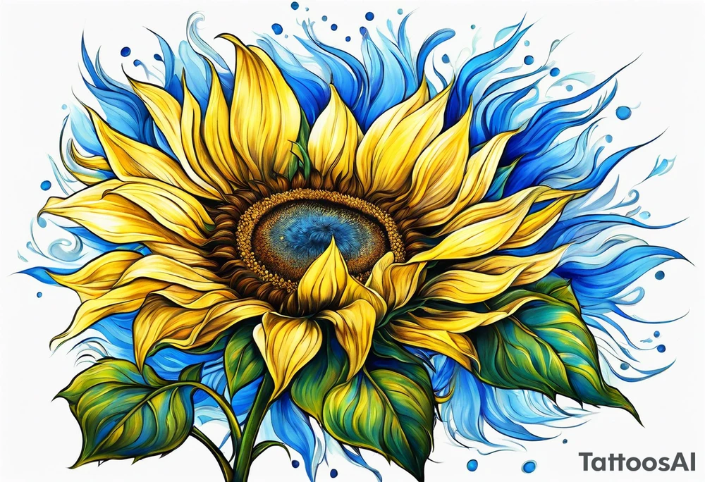 a yellow sunflower bloom with blue highlights tattoo idea