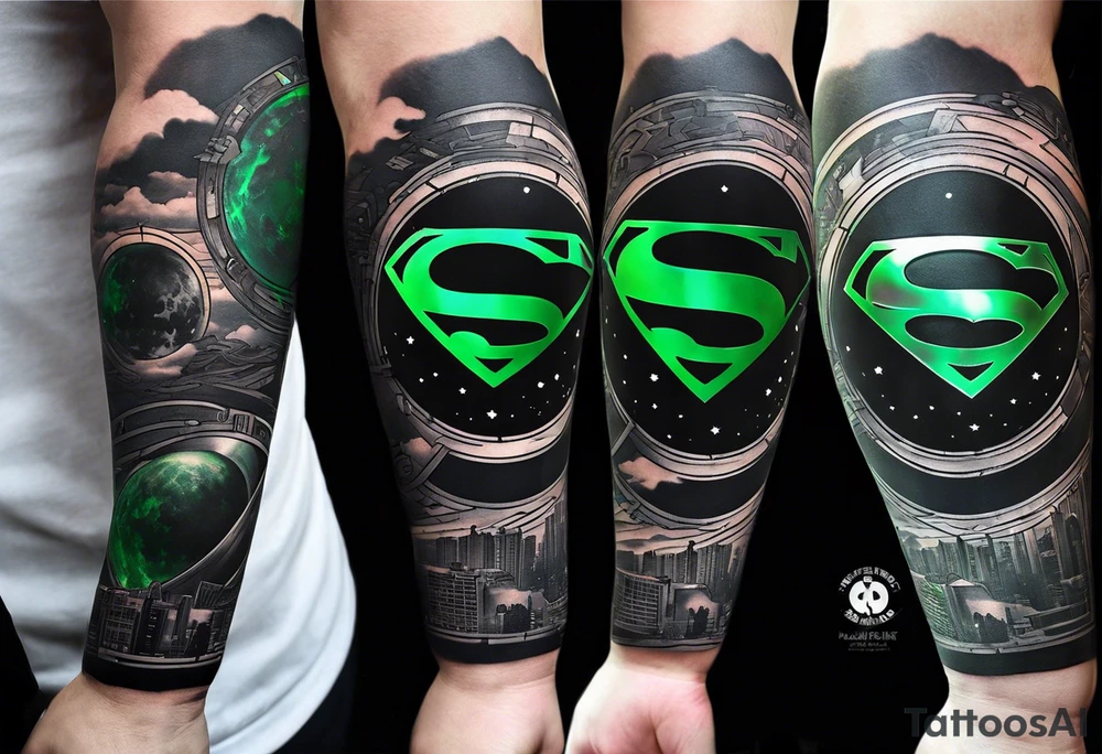 Full arm sleeve tattoo extending from shoulder to wrist featuring the Superman shield, Batman emblem, Green Lantern Corp emblem, Star Wars Rebel Alliance emblem, the Death Star. I'd like the area filled around to resemble landscape and architecture from Lord of the Rings tattoo idea