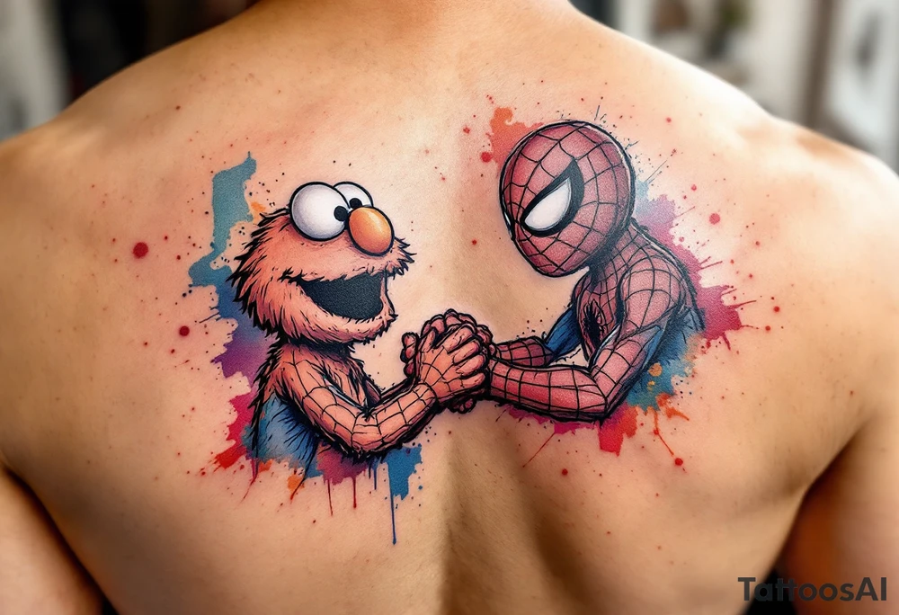 Elmo and spiderman holding hands with a bright colors tattoo idea