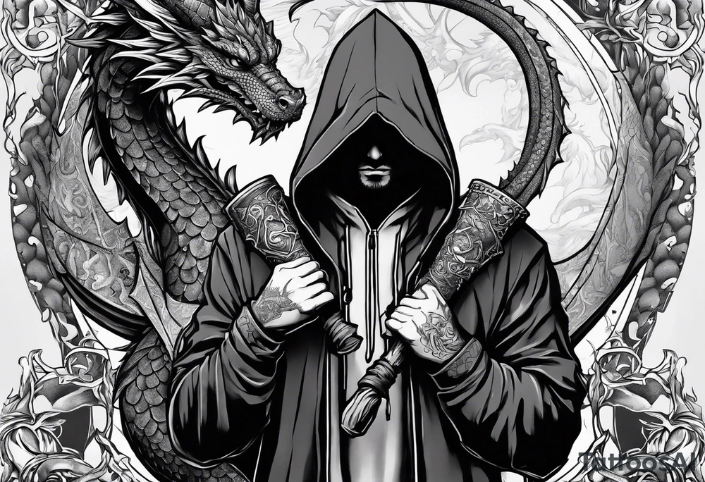 Hooded figure holding a D20, surrounded by a dragon tattoo idea
