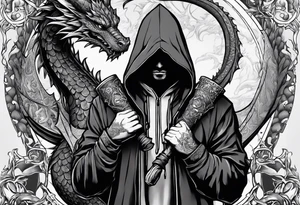 Hooded figure holding a D20, surrounded by a dragon tattoo idea