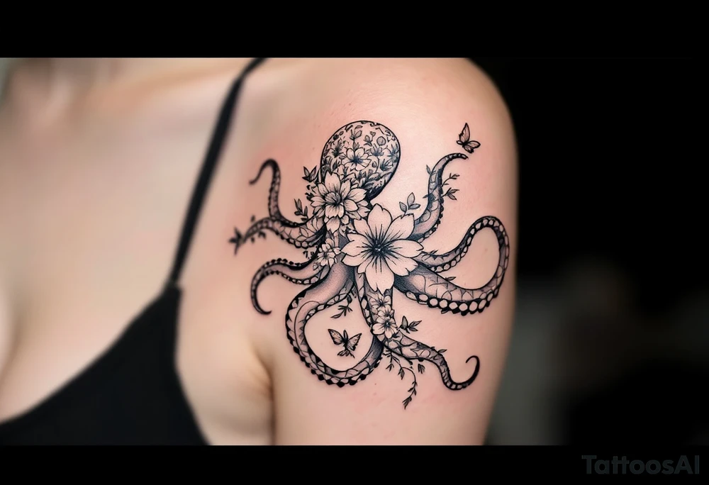 fine-line tattoo, single octopus, flowers butterflies composition, tentacles floral vines, flowing botanical tentacles, overlapping blossoms body, butterfly wing body, minimalist elegant design, nature-inspired, delicate black grey lines, soft shading, no outlines, outline-free design, floral octopus, botanical sea creature, organic flow, upper arm shoulder placement, light airy feel, poetic minimalism, vine-shaped tentacles, petal tentacle flow, blossom overlapping, wing composition, delicate linework, soft botanical shading, nature creature fusion, minimalist intricacy, elegant simplicity, flowing organic movement, shoulder arm curve, lightweight design, subtle detail work, refined botanical elements, understated complexity, clean minimalist lines, gentle nature fusion tattoo idea