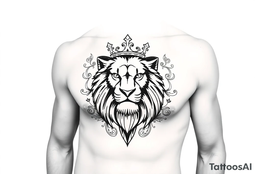 majestic lion wearing ornate crown, surrounded by baroque flourishes tattoo idea