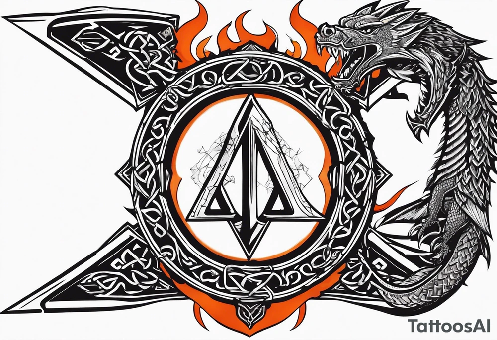 Valhalla sword shield dragon axe Valknut barbed wire chains fire tattoo idea Valhalla sword shield dragon axe Valknut barbed wire chains fire tattoo idea