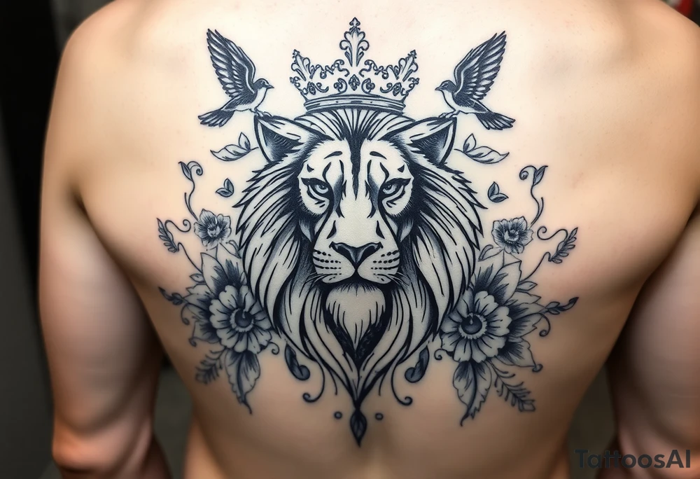 powerful majestic lion with a crown, surrounded by floral ornaments and birds tattoo idea