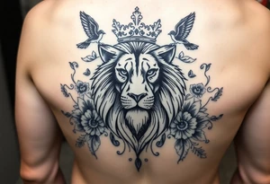 powerful majestic lion with a crown, surrounded by floral ornaments and birds tattoo idea