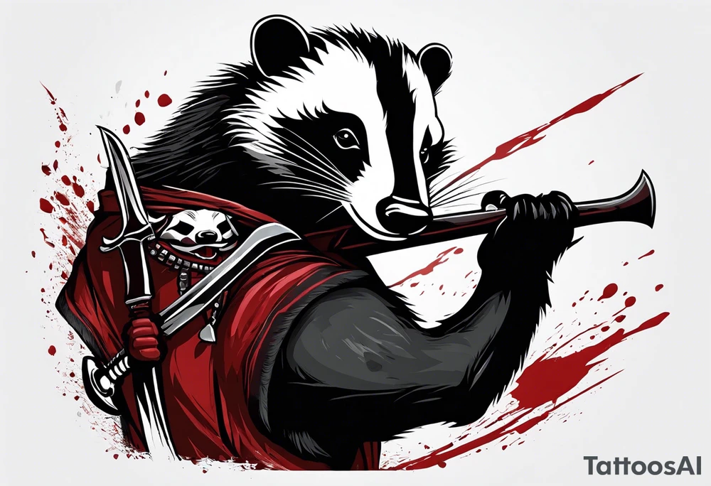 Draw me psychopath Badger/Warrior with aggressive full body, killer face with a smile, very long nails and he attacks like a Bloody Warrior to us and also, he has very deadly looking. He fights with his nails. Everybody scares after their first sight. Give me horror type Badger Tattoo. I want to see his full body. tattoo idea