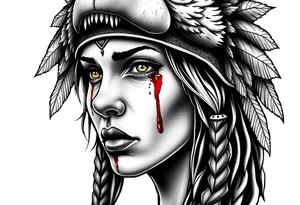 Beautiful Womans with colored eyes, shedding a tear, with battle scars and blood on face, wearing a mean looking bear headdress on head tattoo idea