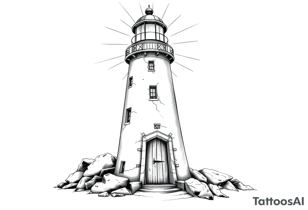 Lighthouse with rays of light with a few windows and an old door tattoo idea