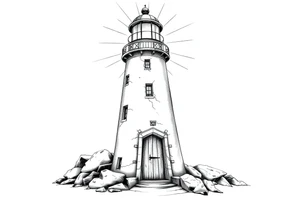 Lighthouse with rays of light with a few windows and an old door tattoo idea