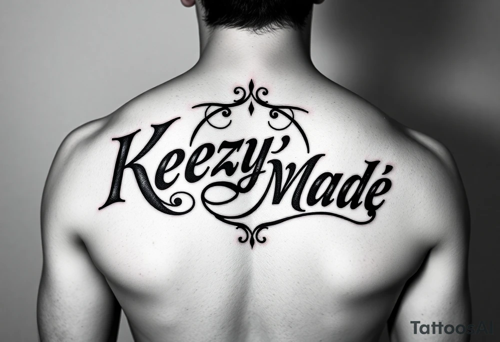 letters only fancy but rugged twisted and intertwined circular arched curvy lettering in a circular  that would be clothing brand style that says (KeezY MadE) almost the the roca wear symbol tattoo idea