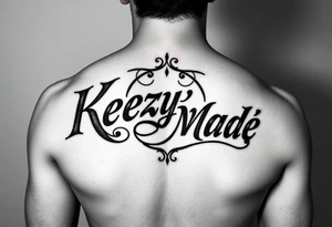 letters only fancy but rugged twisted and intertwined circular arched curvy lettering in a circular  that would be clothing brand style that says (KeezY MadE) almost the the roca wear symbol tattoo idea