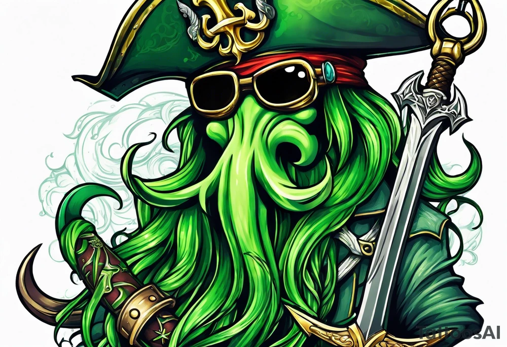 green pirate squid holding sword and anchor tattoo idea