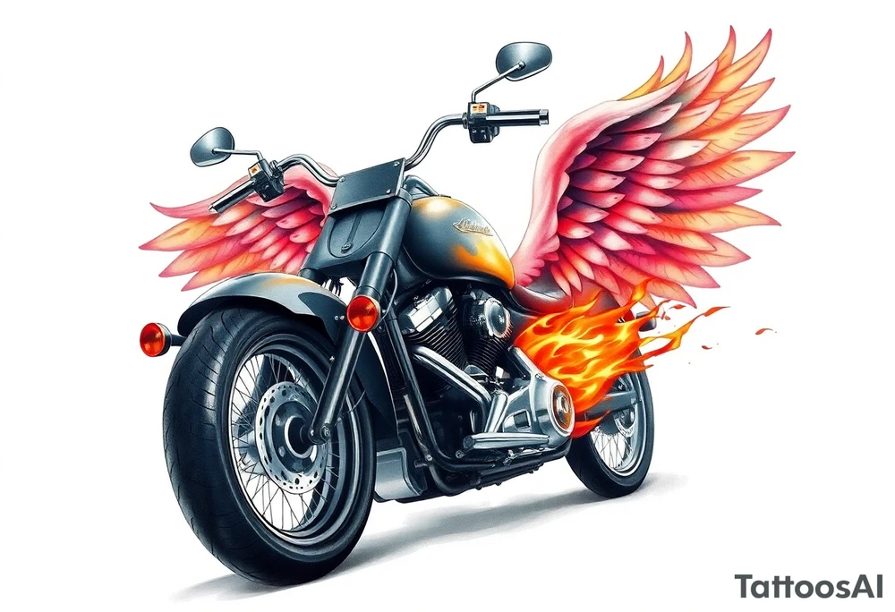 Low rider grey motorcycle, big muffler pipes with flames, angel wings, driving away, no person tattoo idea