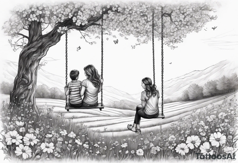 Mom with son and daughter on a swing in the distance in a field of flowers tattoo idea