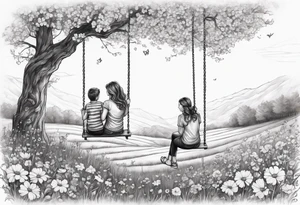 Mom with son and daughter on a swing in the distance in a field of flowers tattoo idea