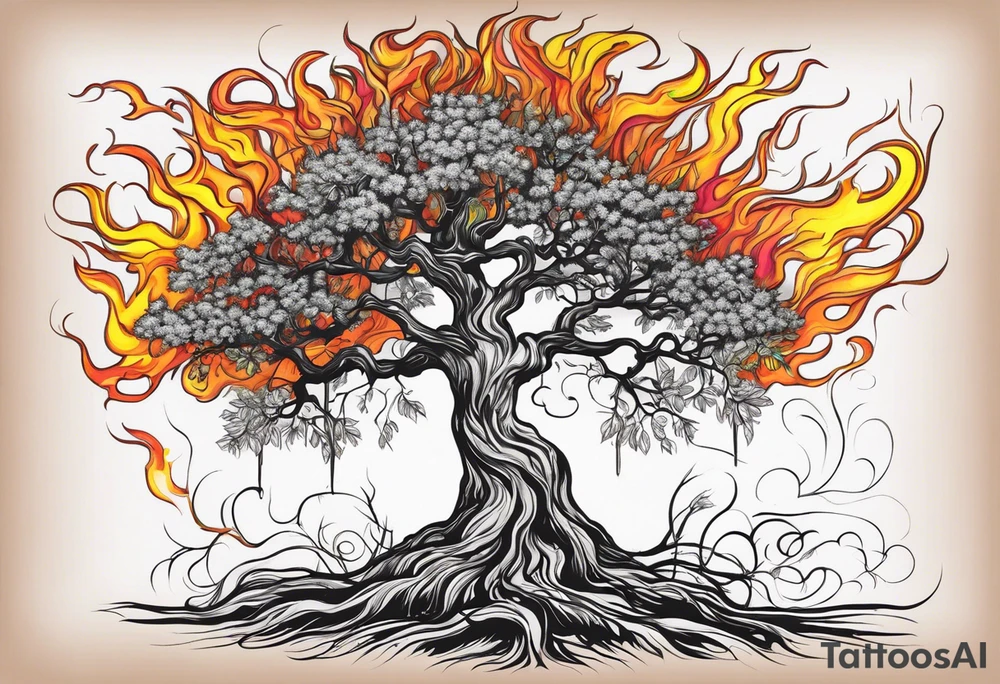 a tall, prominent, pecan tree with roots. Half of the tree is in full bloom (left side) the other half is engulfed in flames (right side) tattoo idea