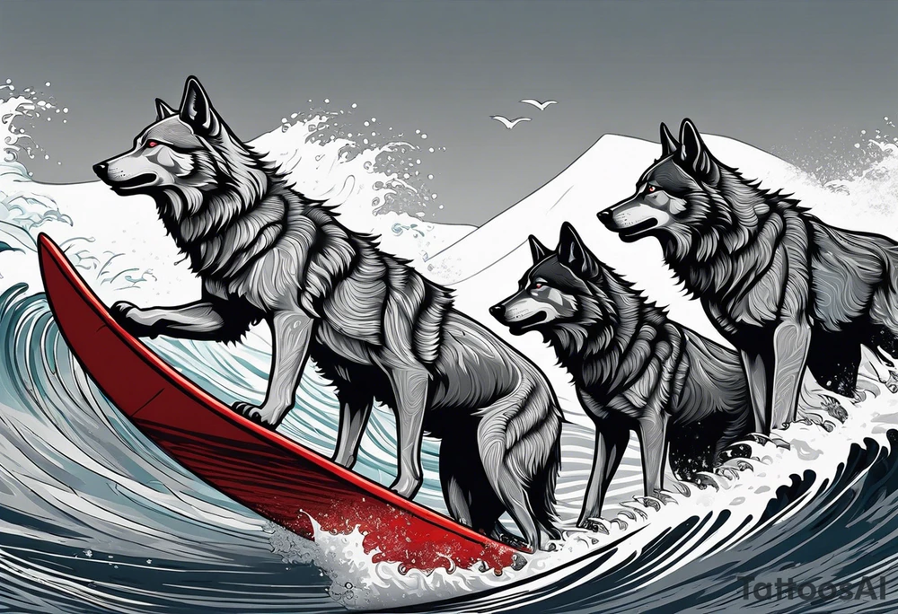 a pack of 3 howling muscular  gray wolves surfing waves with a linear background with red, white and black and gray tattoo idea