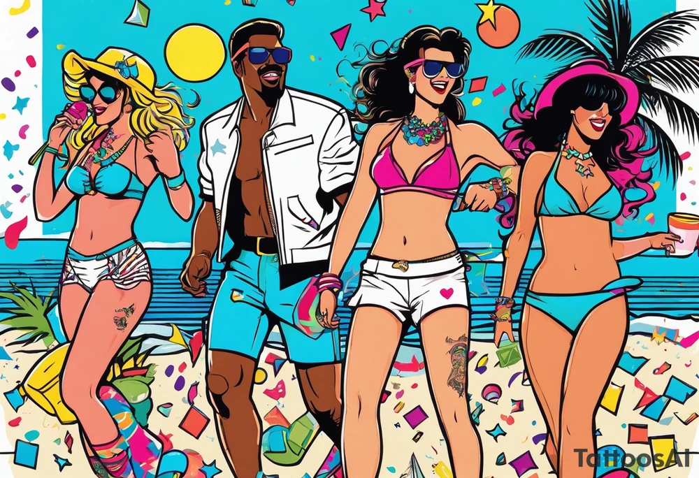 1980's miami vice style beach dance 
party, include confetti, music notes, boom box, bikinis tattoo idea