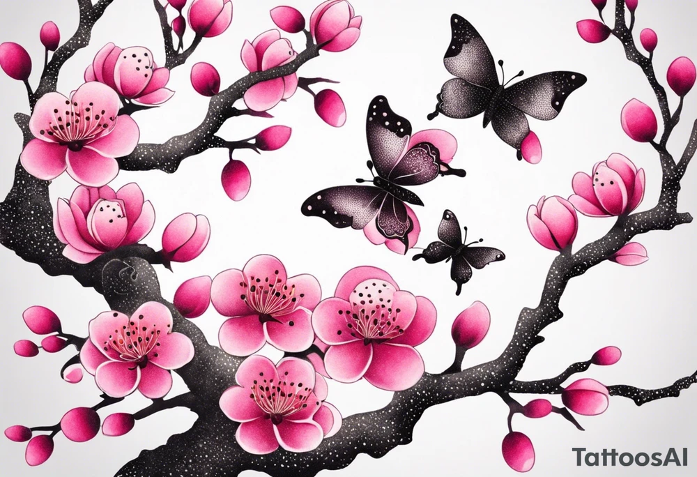 Vibrant, pink plum blossom branches with butterflies tattoo idea