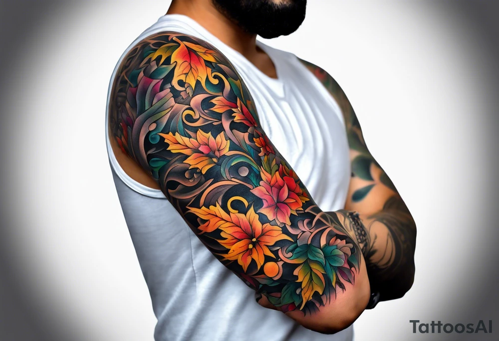 Arm Sleeve Tattoo with fall colors flat tattoo idea