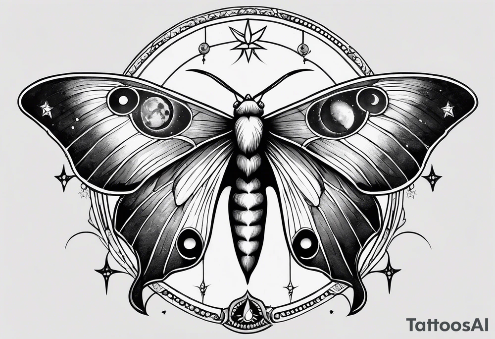 luna moth with moon phases arched under it and the words "carpe noctem" above it tattoo idea