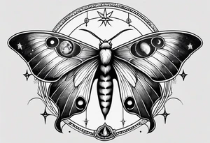 luna moth with moon phases arched under it and the words "carpe noctem" above it tattoo idea