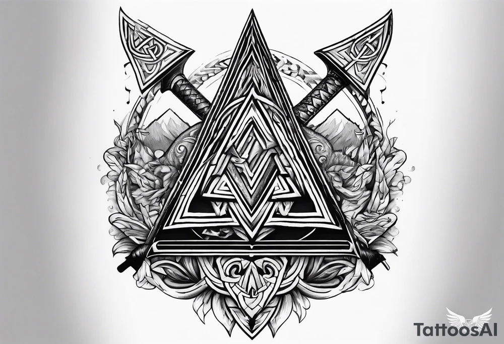 Valhalla sword shield axe Valknut fire tattoo idea
