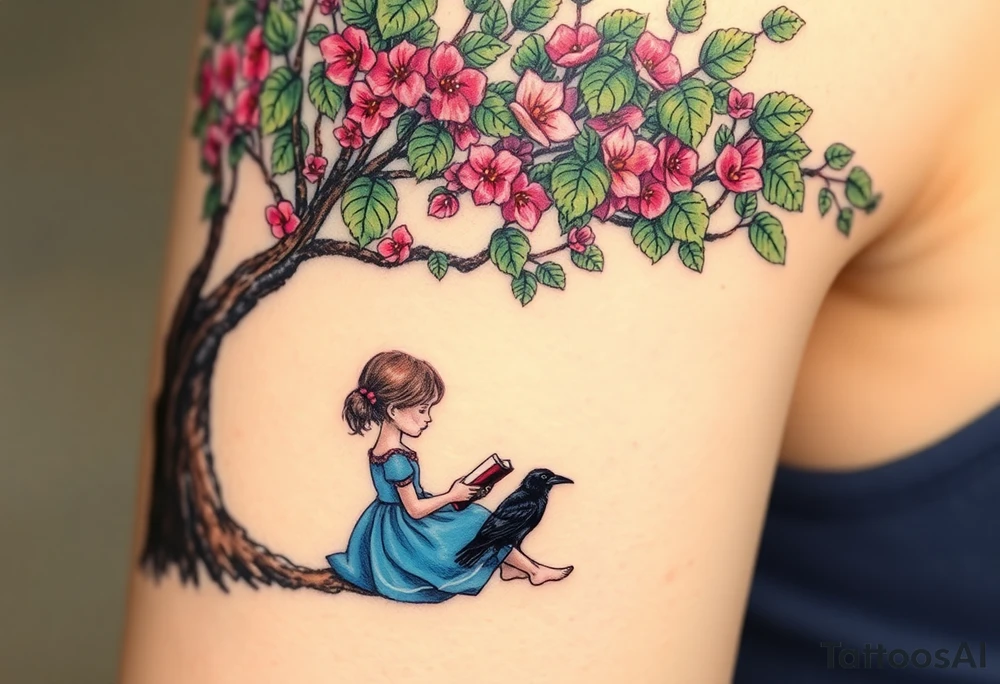 A tree of Impatiens walleriana, a little girl wearing a blue dress sitting under it while reading. A small raven watching her.


. tattoo idea