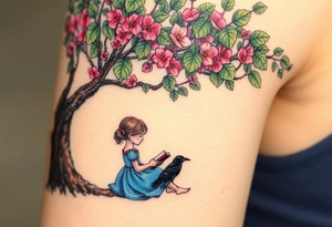 A tree of Impatiens walleriana, a little girl wearing a blue dress sitting under it while reading. A small raven watching her.


. tattoo idea