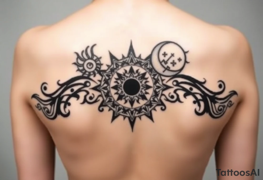celestial sun and moon embrace with constellation patterns tattoo idea