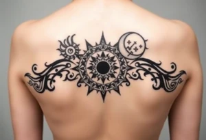 celestial sun and moon embrace with constellation patterns tattoo idea