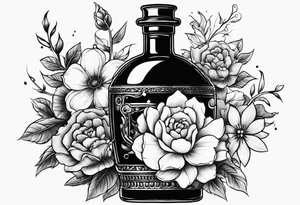 Broken potion bottle and flowers tattoo idea
