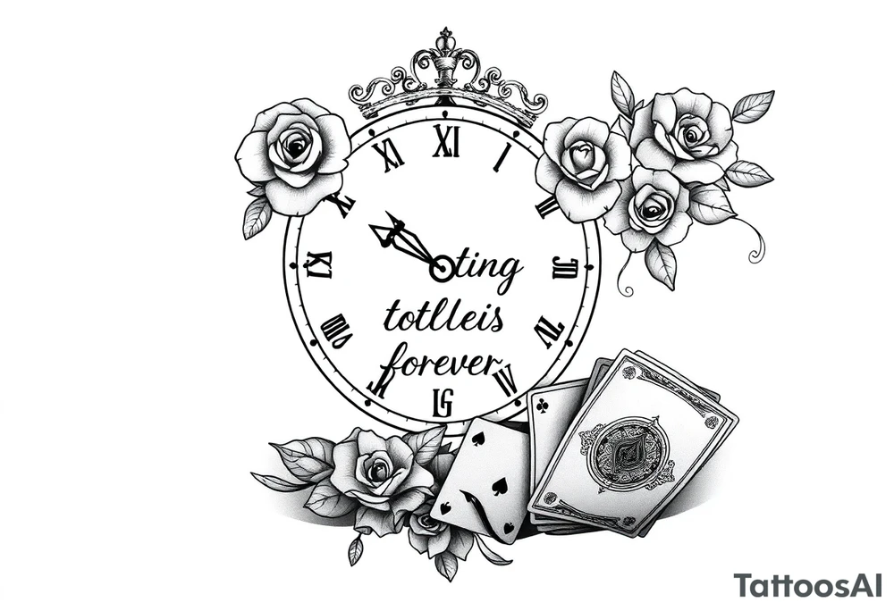 Roman clock with roses and a crown,  a quote that says nothings forever. and on the bottom a deck of cards tattoo idea