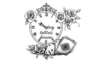 Roman clock with roses and a crown,  a quote that says nothings forever. and on the bottom a deck of cards tattoo idea