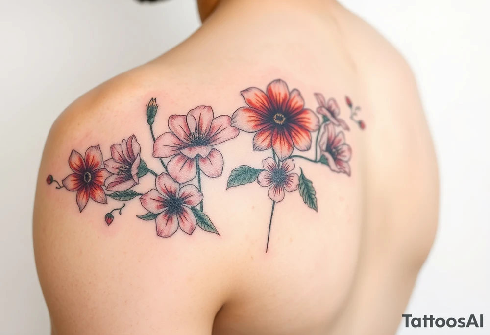 Upper arm and shoulder sleeve
Realistic
Water color
Fine line
Birth flowers for the months of
February 
July
August
October
December
Multi colored tattoo idea