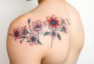 Upper arm and shoulder sleeve
Realistic
Water color
Fine line
Birth flowers for the months of
February 
July
August
October
December
Multi colored tattoo idea