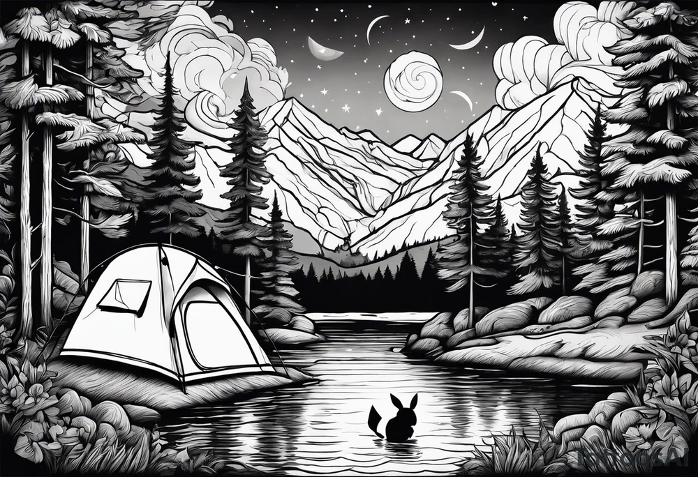 Framed forest scene at night. Pikachu camping near river tattoo idea