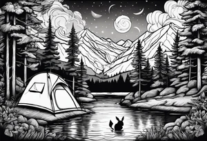 Framed forest scene at night. Pikachu camping near river tattoo idea