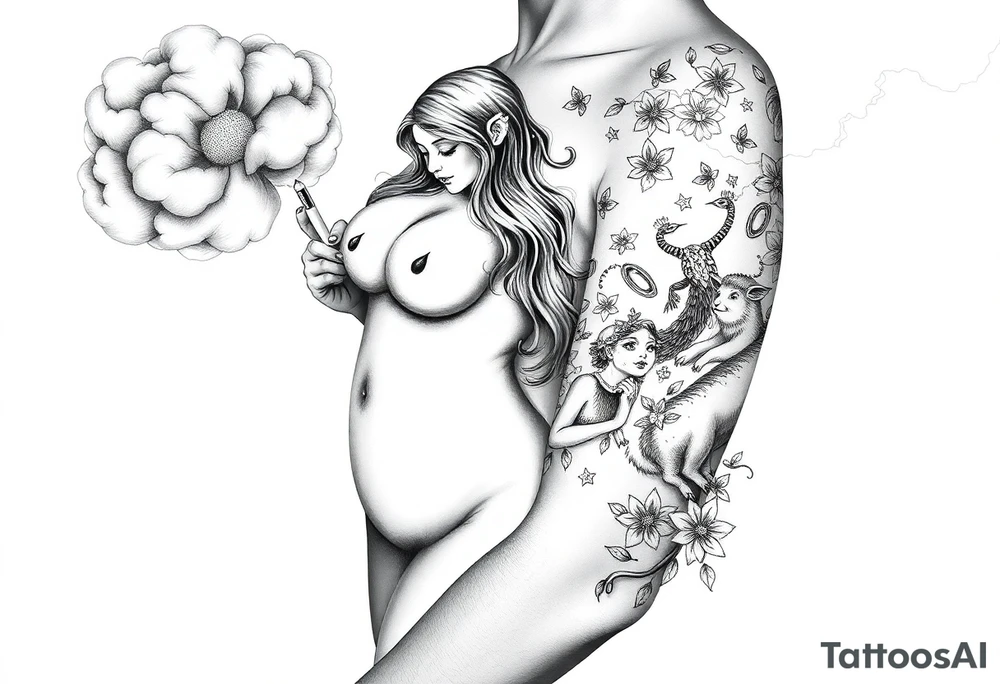 Storm clouds with a fat naked sexy girl and money and cigerettes  and coins and mirror and sexy naked couple having sex with pig and peacock , frog, lamb and lightening lust gluttony envy greed wrath pride  sloth tattoo idea