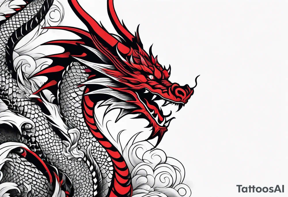 dragon irezumi arm sleeve in black and red tattoo idea