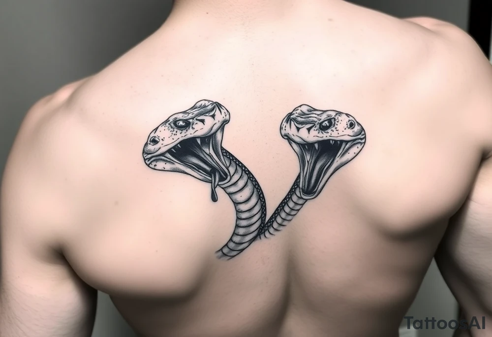 1 snake 2 Headed snake 1 dominate 1 and the other bigger and scarier both heads giant fangs out 1 head pulling away so hard there’s blood on the neck where the 2 heads split its 2 fierce baby cobra heads tattoo idea