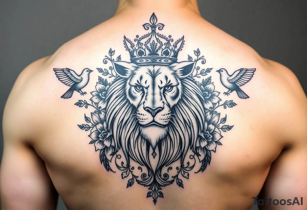 powerful majestic lion with a crown, surrounded by floral ornaments and birds tattoo idea