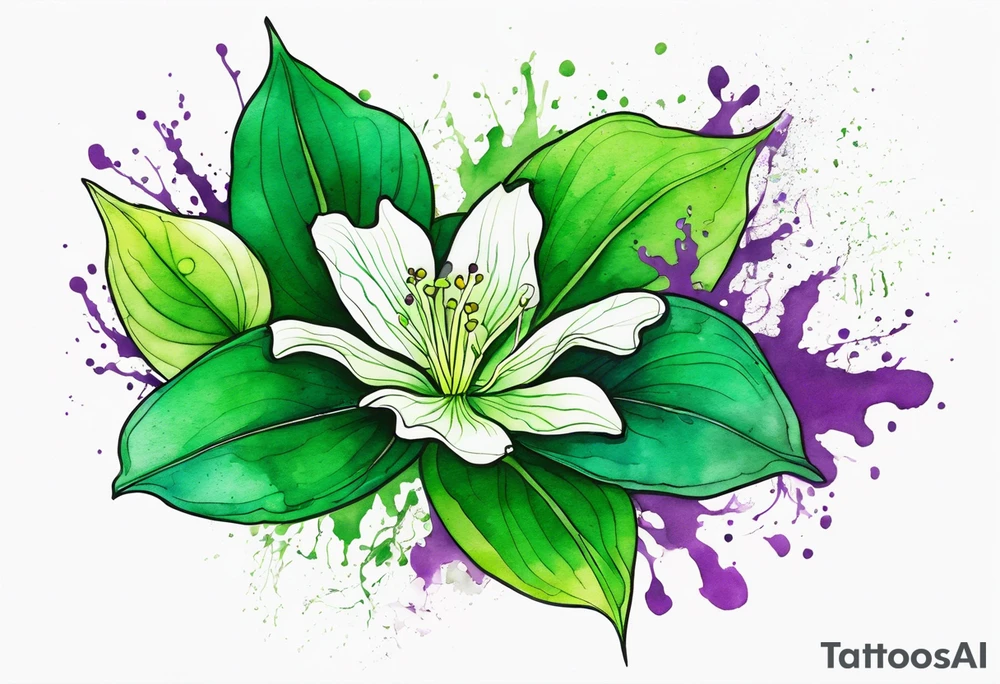 An outline of a green rio dipladenia flower and a green/purple watercolor splash in the background tattoo idea
