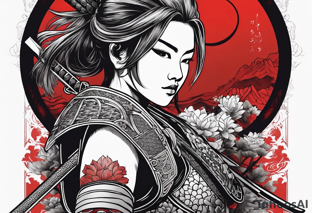 3 female samurai in body armor wielding swords back facing, in front of a red incomplete circle tattoo idea