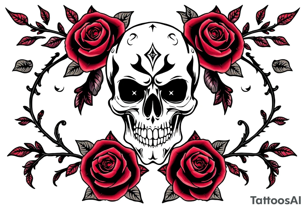 gothic skull intertwined with climbing roses and thorny vines tattoo idea