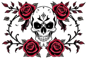 gothic skull intertwined with climbing roses and thorny vines tattoo idea