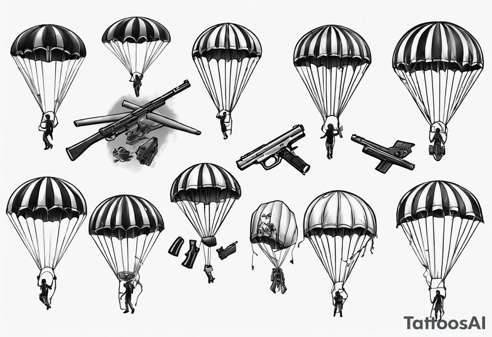 man parachute and shooting guns tattoo idea