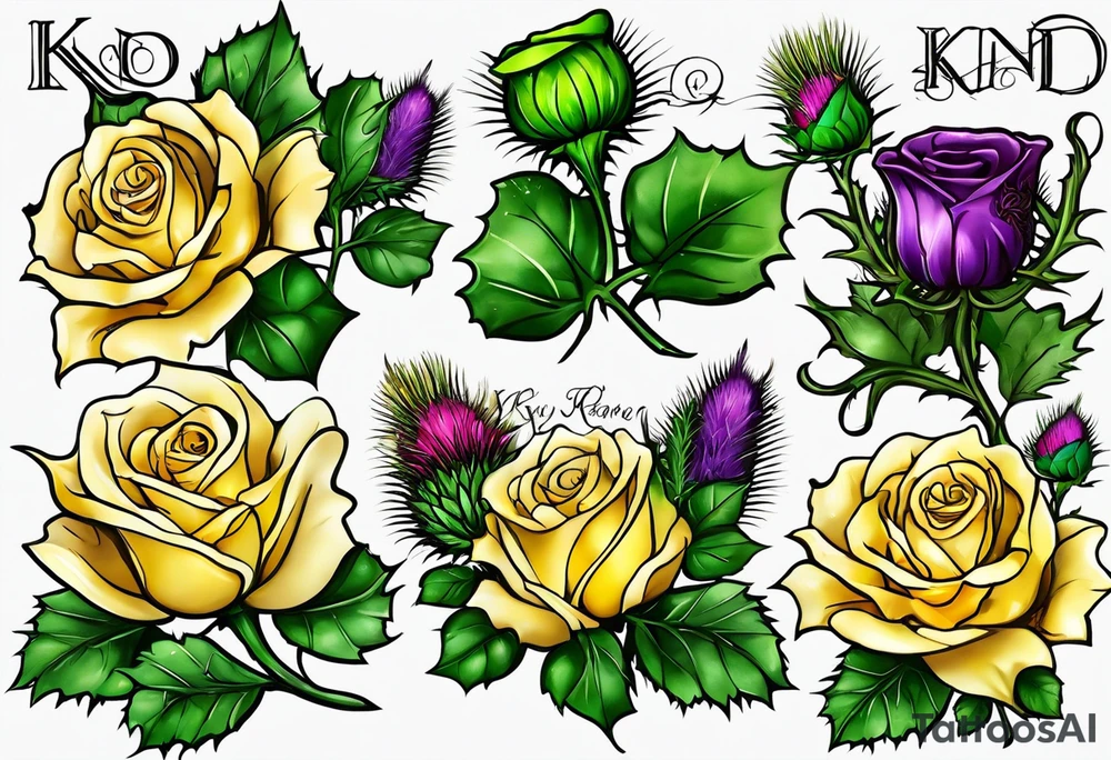 A Scottish thistle, a yellow rose and a shamrock with stems intertwined spelling KND in celtic lettering tattoo idea