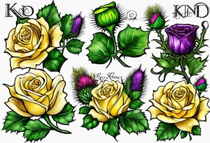 A Scottish thistle, a yellow rose and a shamrock with stems intertwined spelling KND in celtic lettering tattoo idea
